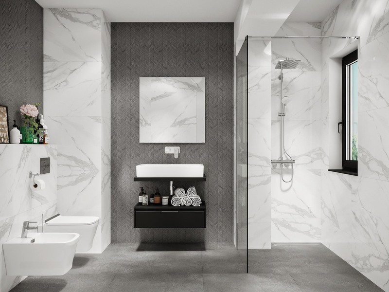 Đá cẩm thạch giúp phòng tắm 4m2 trông hiện đại và sang trọng hơn.