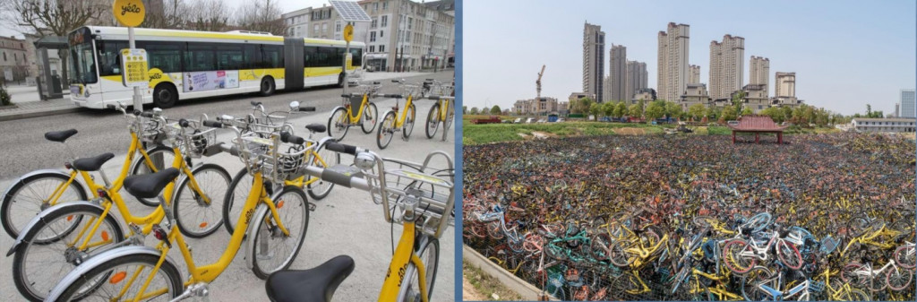Hệ thống Chia sẻ xe đạpVélo’V tại Pháp rất thành công do đầu tư đồng bộ và kết nối với hệ thống giao thông công cộng Thành phố;  Việc phát triển không kiểm soát, quản lý yếu kém, không hợp lý…Kết quả tạo ra những núi rác xe đạp vô thừa nhận.Nguồn : Hanoidata*
