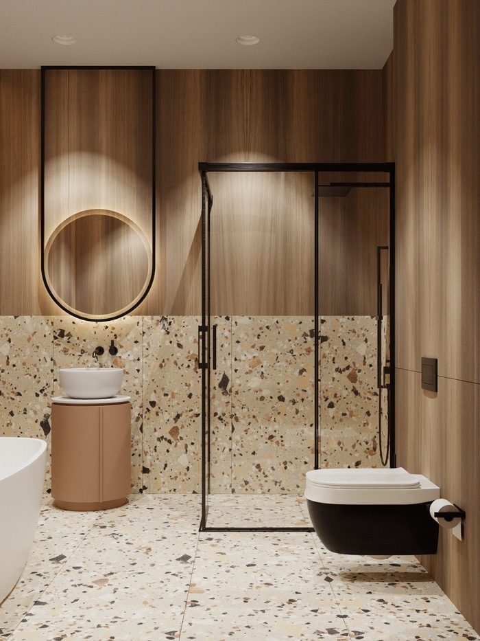 Phòng tắm đẹp, rộng rãi với nhiều chi tiết nội thất sang trọng, ấn tượng. Nhà thiết kế vẫn trung thành với gam màu cam, đỏ để tạo nên tổng thể hài hòa cho căn hộ.