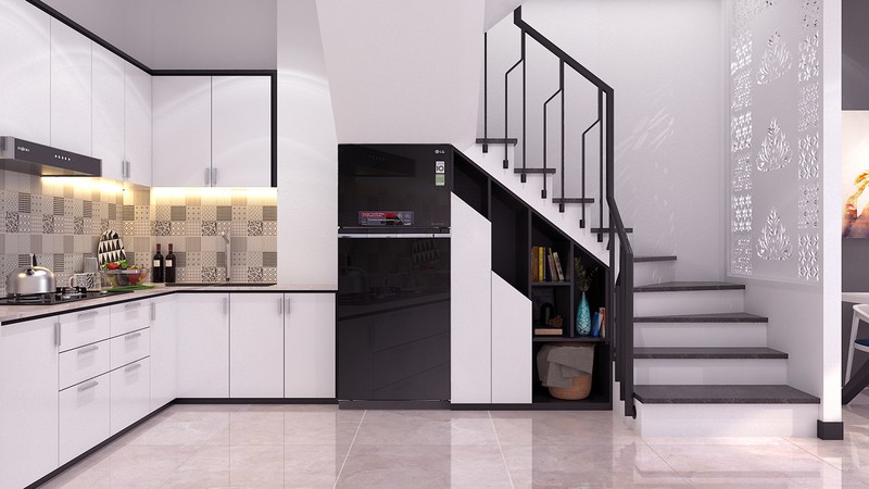 Tủ lạnh màu đen nổi bật giữa hệ thống tủ kệ bếp màu trắng sơn bóng