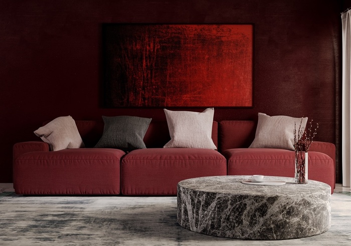 Phòng khách với gam màu đỏ được sử dụng một cách nghệ thuật và đầy tinh tế