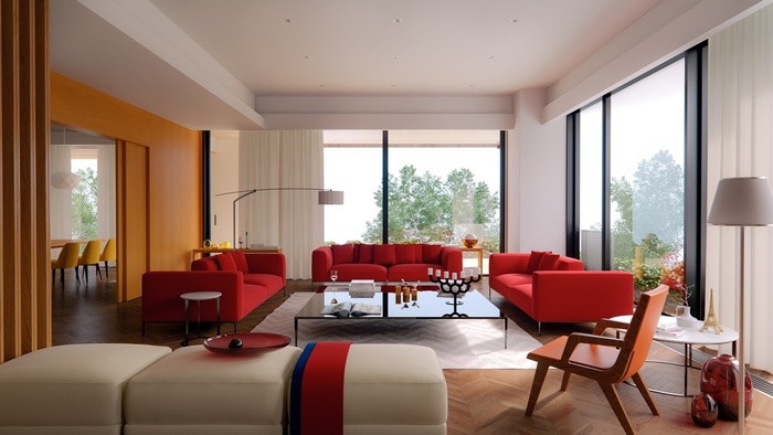 Sử dụng ghế sofa màu đỏ là sự lựa chọn táo bạo nhưng cũng rất hợp lý của gia chủ trong không gian phòng này