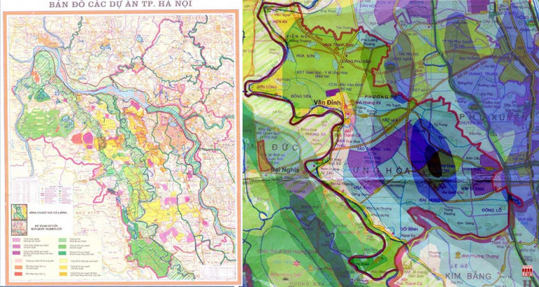 Hình 2: Bản đồ các dự án tỉnh Hà Tây giao đất nghiên cứu quy hoạch đô thị bố trí dày đặc vào Hành lang thoát lũ, vành đai Xanh Hà Nội, trước khi nhập vào Hà Nội (2008). Phóng to khu vực huyện Ứng Hòa: Khu đô thị công nghiệp đặt vào vùng trũng ngập nhất, thậm chí +0m . 2