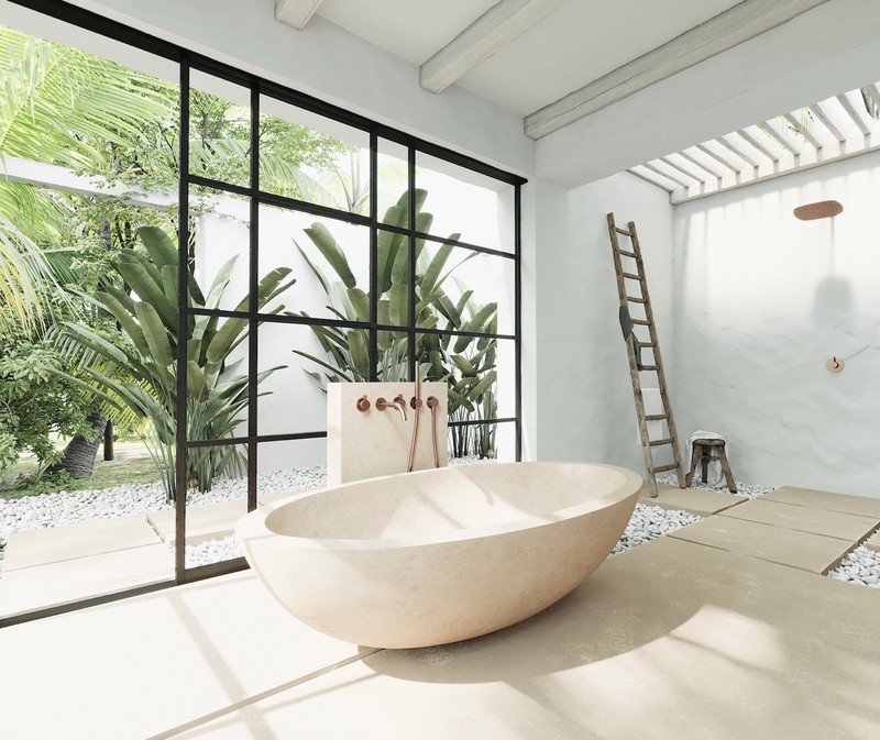 Thiết kế mở, cộng với khoảng diện tích rộng rãi thích hợp đặt một bồn tắm làm bằng đá