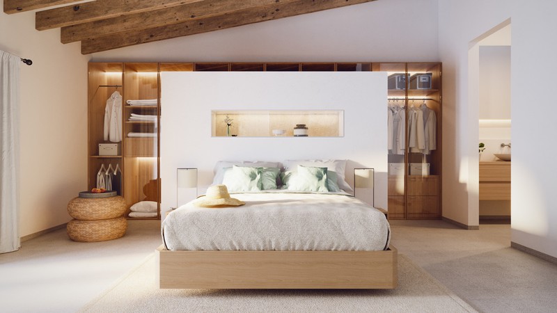 Chiếc giường và tường đầu giường tạo sự riêng tư cho tủ quần áo