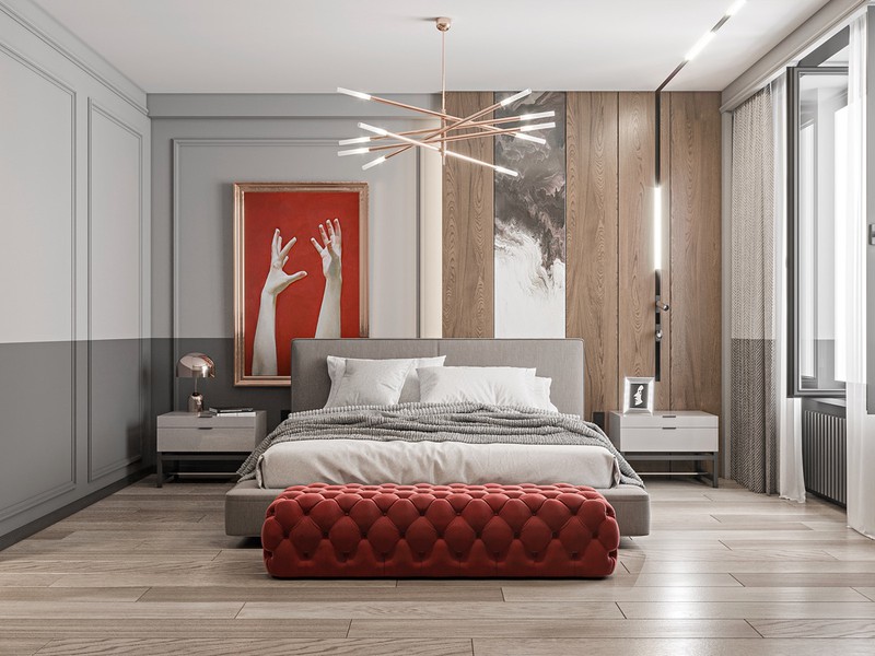 Tranh sơn đỏ và ghế dài mang đến vẻ đẹp cân bằng cho căn phòng ngủ mang màu sắc trung tính.
