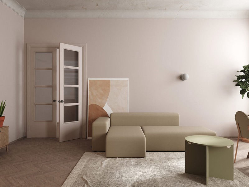 Căn hộ rộng 65 m2 sử dụng hai gam màu chính là hồng và be yên bình, ấm áp