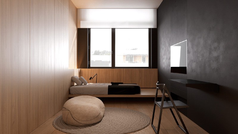 Phòng nhỏ được phân chia theo tỷ lệ 50/50 với hai gam màu than và màu nâu gỗ, tạo nên một thiết kế giường tầng thanh lịch kiểu Nhật