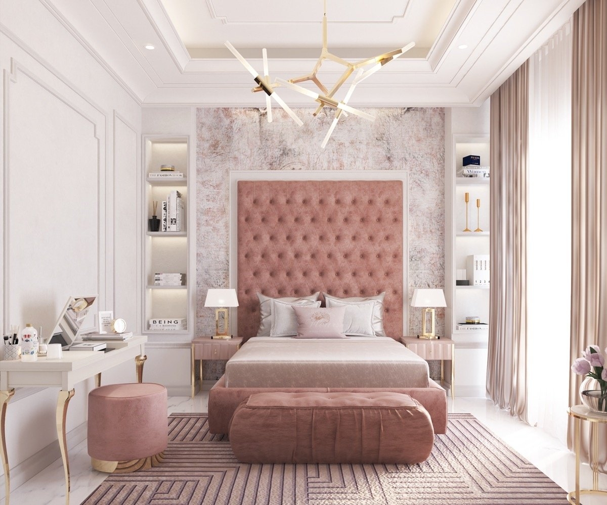 Phòng ngủ hiện đại dành cho các cô nàng lãng mạn được trang trí bằng gam màu trung tính và màu hồng đất kết hợp, điểm xuyết những chi tiết nội thất bằng đồng tạo nên nét sang trọng và trang nhã.