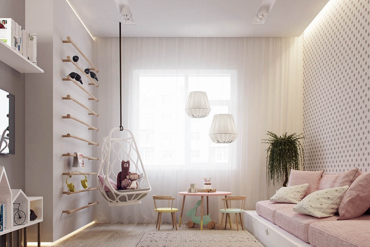 Căn phòng lãng mạn với rèm cửa trắng và đồ nội thất màu hồng đơn giản