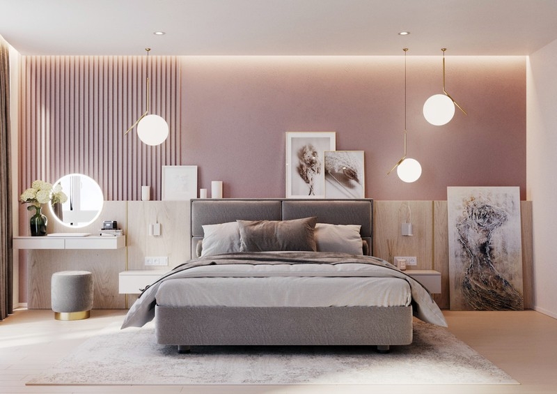 Đèn trang trí khiến phòng ngủ màu hồng pastel trở nên nổi bật