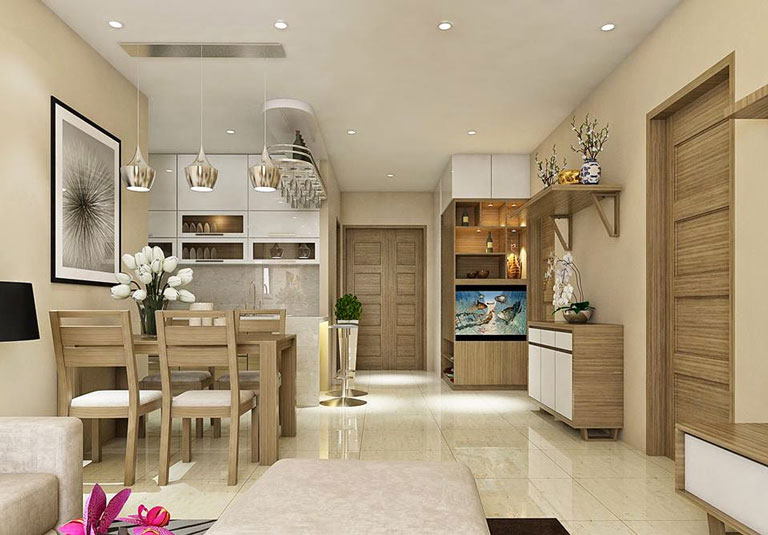 Mẫu trần thạch cao phòng khách liền bếp cho căn hộ chung cư có diện tích hạn chế