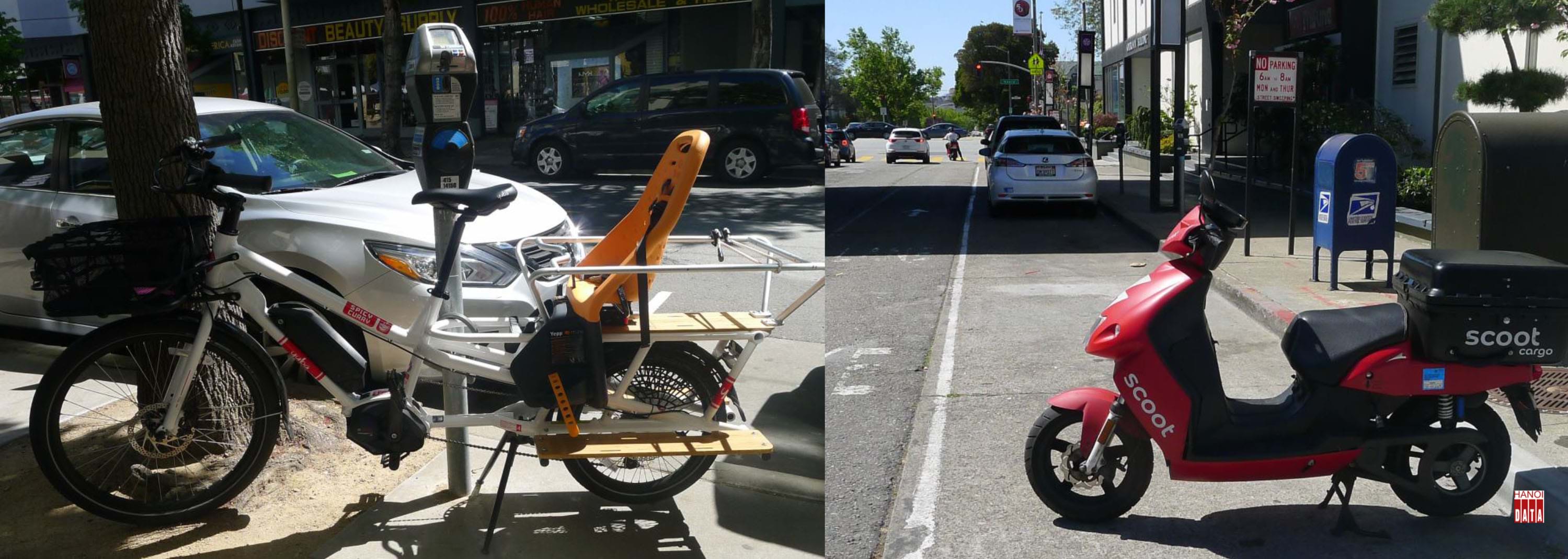 Tại  San Francisco (Mỹ): Bên cạnh cột thu phí đỗ xe tự động, một chiếc xe đạp trợ lực điện chở hàng và trẻ em được đỗ miễn phí trên vỉa hè. Bãi đỗ xe tự động hoàn toàn, không một bóng người quản lý. Chỉ vài dòng thông báo: ô tô và xe máy không dám đỗ vào giờ các xe vệ sinh  hoạt động.