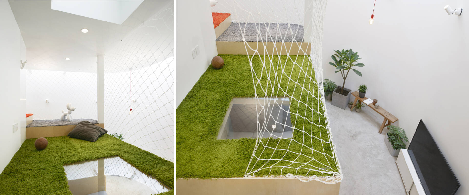 Khu vui chơi trên tầng lửng được trải thảm và bảo vệ bằng lưới an toàn, tạo cảm giác như một sân bóng thu nhỏ