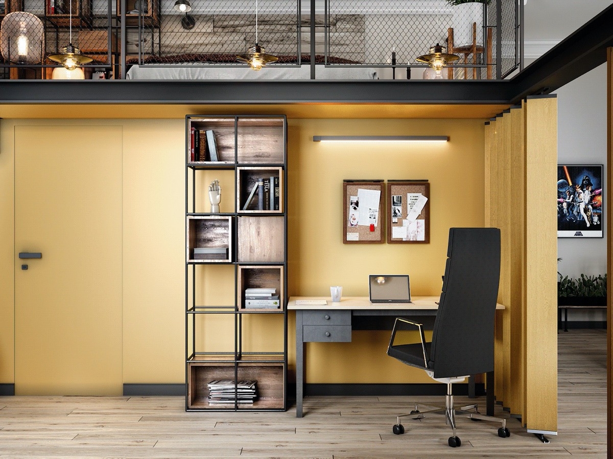 Bức tường màu vàng nắng, mang đến nguồn năng lượng ấm áp và sinh động cho không gian làm việc tại nhà