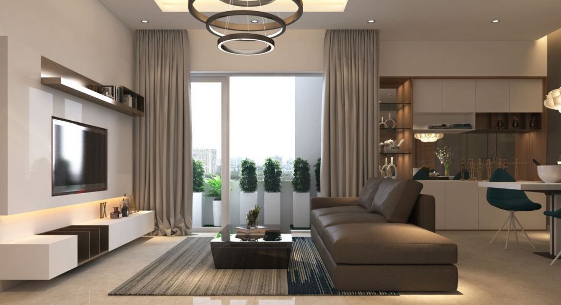 Rèm thả cho phòng khách có phong cách hiện đại với chất liệu cao cấp giúp căn phòng thêm phần sang trọng.
