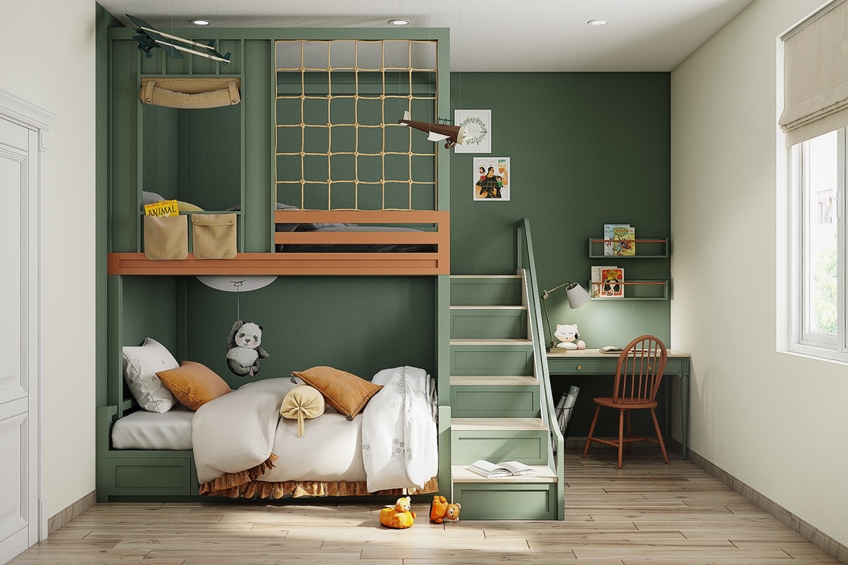 Sử dụng màu xanh lá đậm cũng là cách giúp phòng ngủ trẻ em thêm căng tràn sức sống