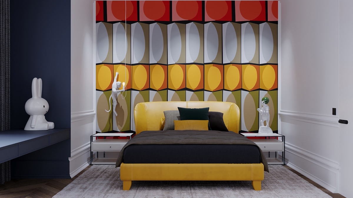 Bức tường đầy màu sắc này tạo thêm chiều sâu và kích thước cho căn phòng