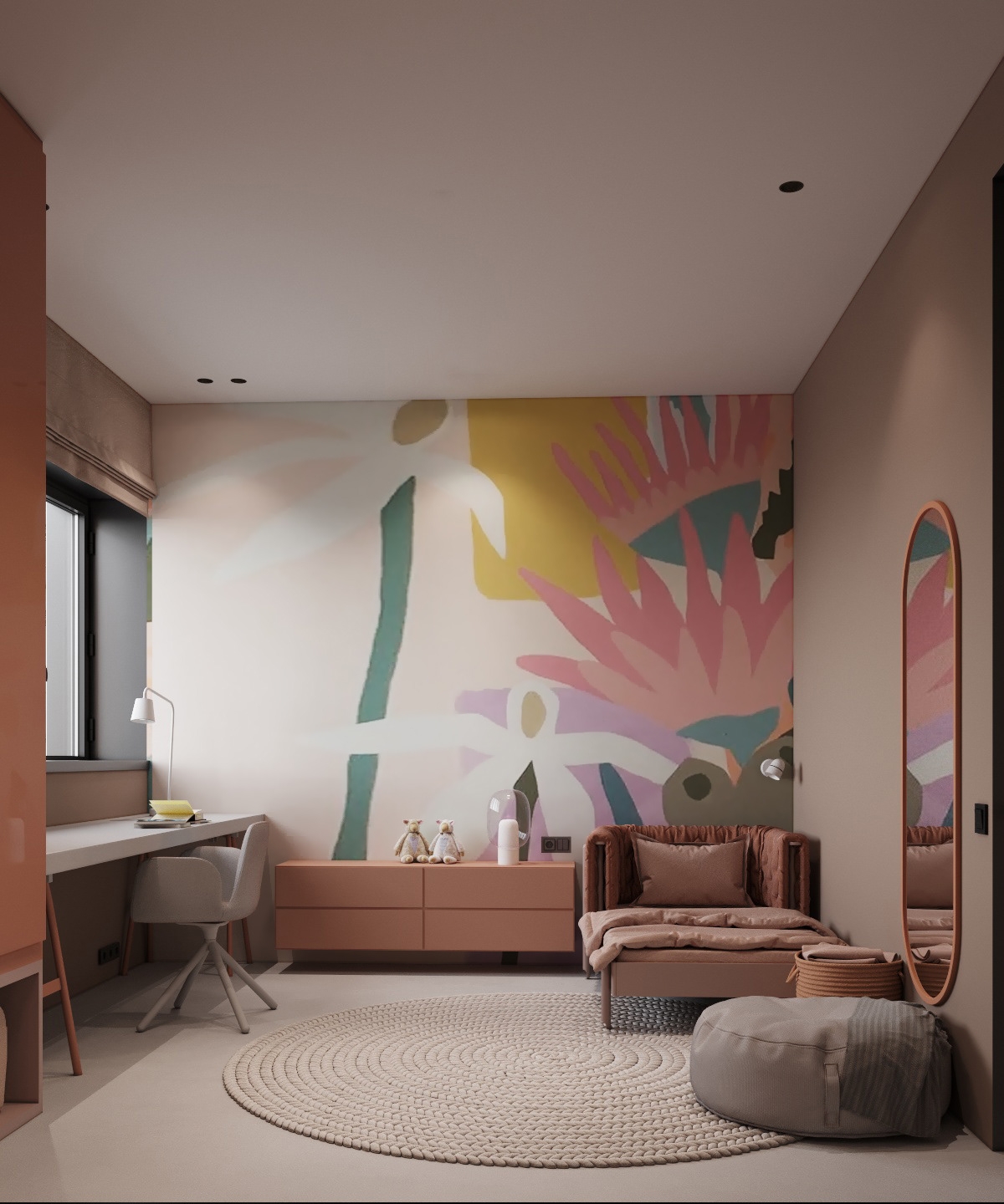 Bức tranh hoa nằm trên tường là chủ đề chính để trang trí phòng ngủ màu hồng
