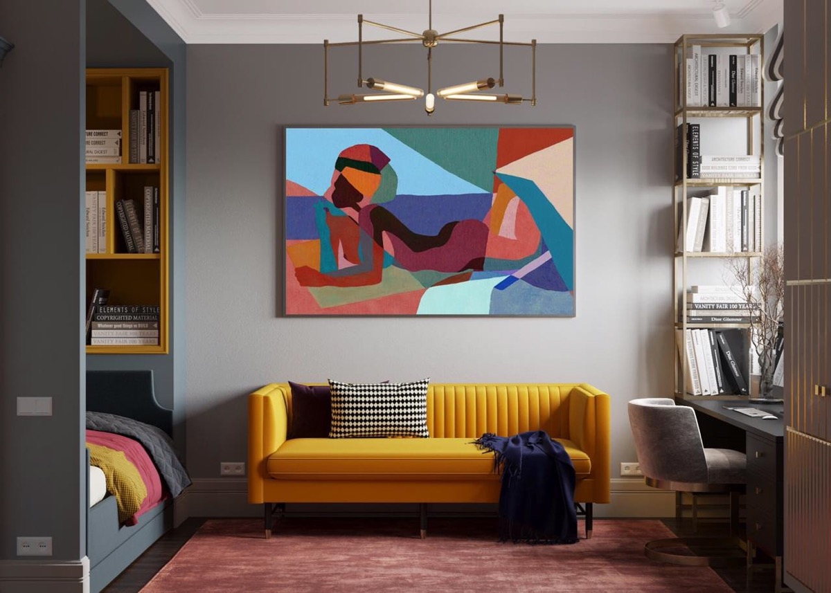 Ghế sofa cùng tranh treo tường mang đến thế giới đầy màu sắc cho phòng ngủ trẻ em