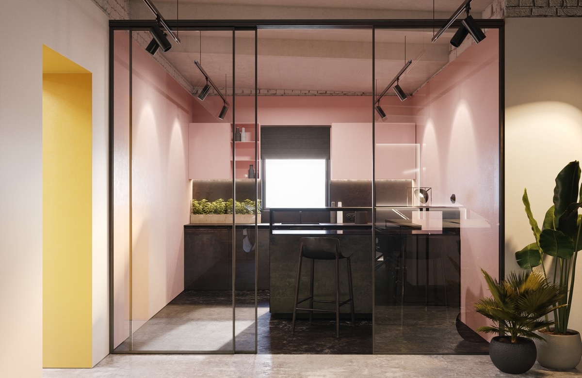 Màu hồng cùng ánh đèn trang trí sẽ tạo nên một không gian bếp đầy sự lung linh, ấn tượng