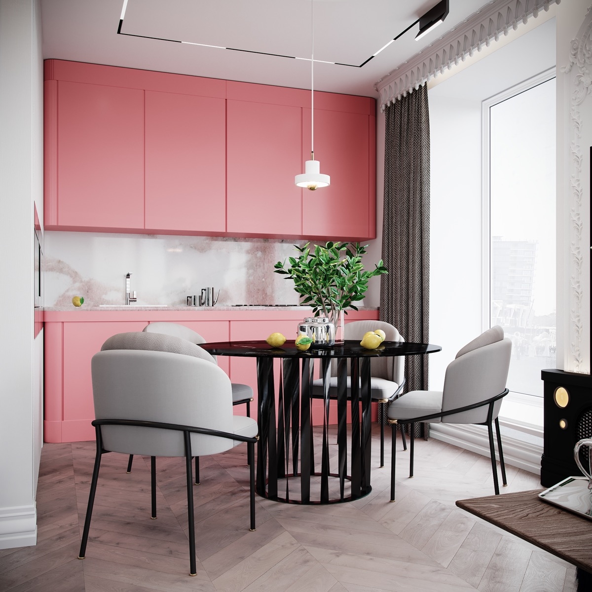 Tủ bếp màu hồng tươi sáng sẽ là điểm nhấn vô cùng đặc biệt, góp phần nên một bức tranh đầy màu sắc trong phòng bếp