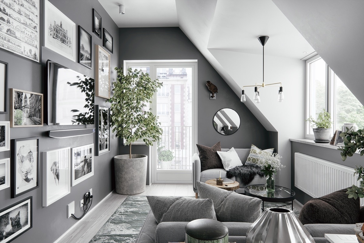 Nếu phòng khách nhà bạn bị hạn chế về mặt diện tích thì màu xám và trắng sẽ là một giải pháp trên cả tuyệt vời