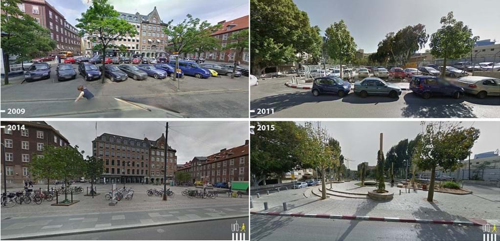 Các bãi đỗ xe được hoán cải thành không gian công cộng tại Yehuda ha-Levi St, Tel Aviv( Israel) và Regnbuepladsen, Copenhagen (Denmark), Nguồn: Google Street View do Melia Robinson thực hiện