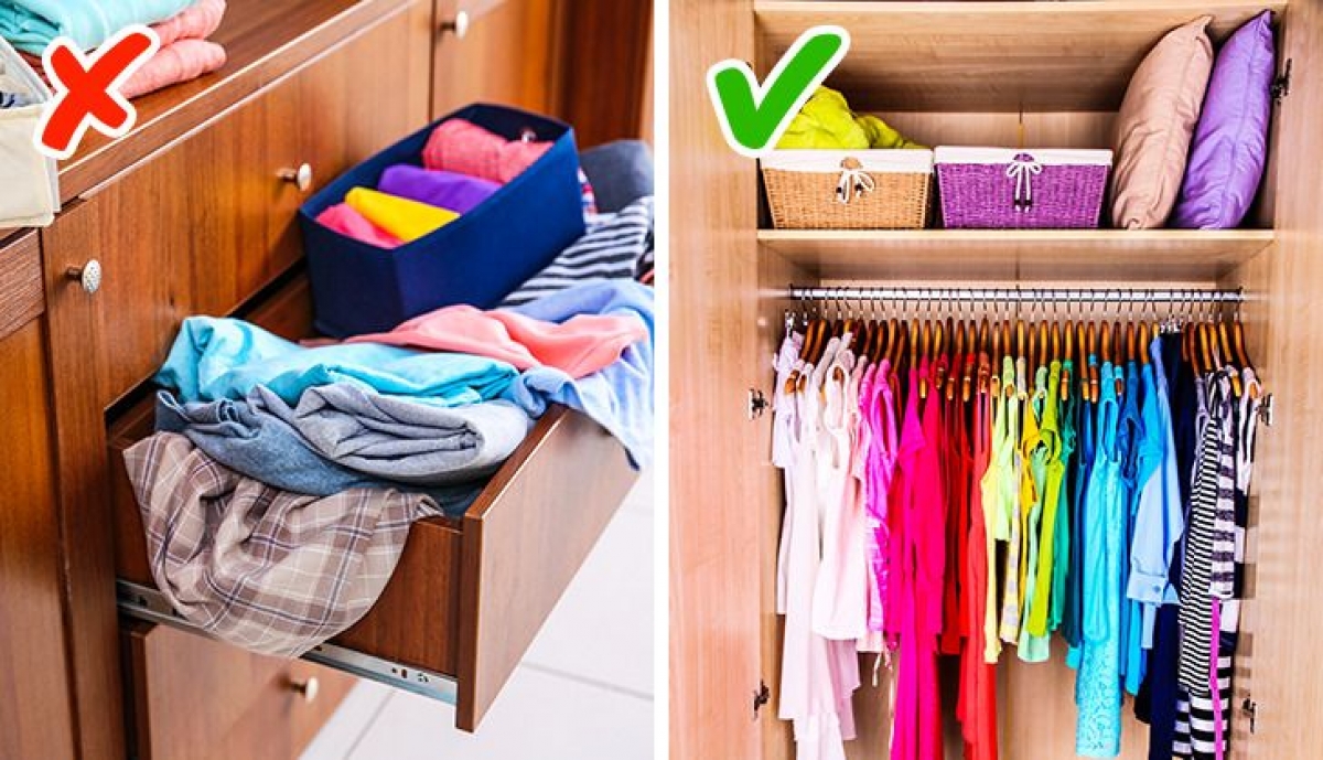 Không nên đóng tủ có các ngăn chứa vì chúng không lưu trữ được nhiều quần áo, thay vào đó hãy mua loại tủ mà bạn có thể treo được nhiều quần áo