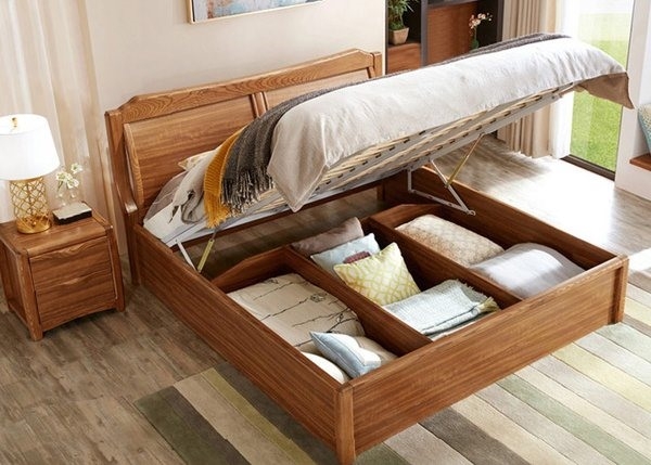 Giường thông minh gỗ công nghiệp có ngăn chứa đồ bên trong giường và hộc kéo bên hông. 