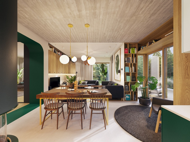Việc chọn màu xanh tạo cảm giác liền mạch giữa phòng khách, phòng ăn và bếp của căn hộ. Đèn phòng ăn và chân bàn màu vàng ăn ý hoà hợp với tông xanh lá cây.