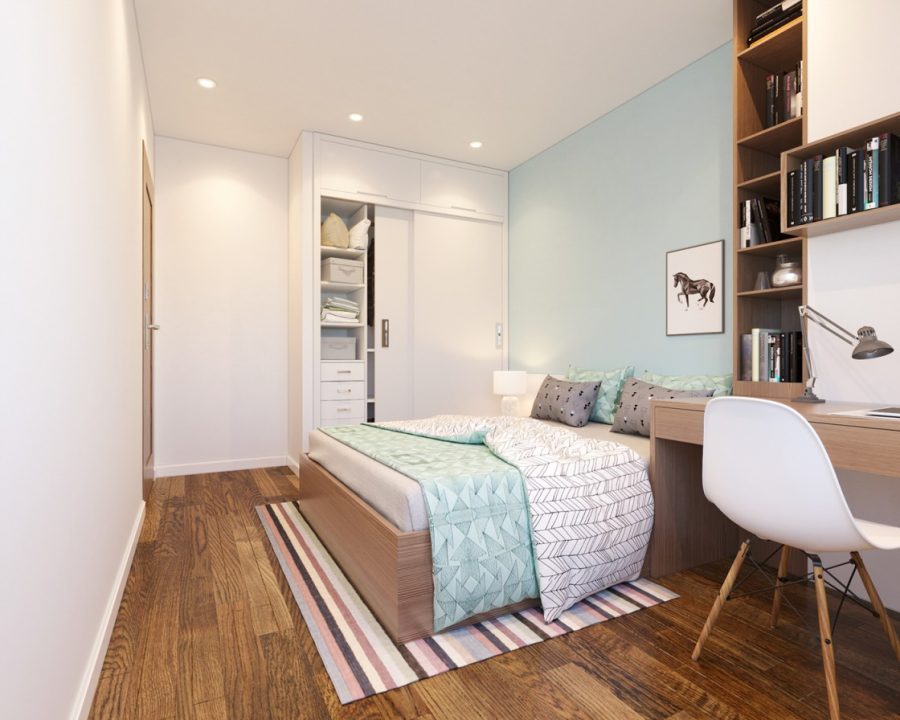 Bàn phòng ngủ với thiết kế liền giá sách, kệ treo tường thông minh giúp tiết kiệm tối đa diện tích không gian phòng ngủ. Đây là giải phát thiết kế nội thất thông minh dành cho phòng ngủ nhỏ được ưa chuộng nhất.