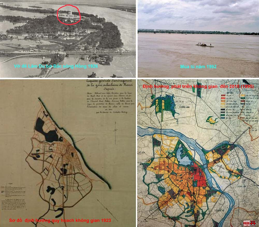 Hình ảnh trận lũ lụt 1926 và 1992 cho thấy sông Hồng vượt quá khả năng ứng phó kinh tế xã  hội Hà Nội – Việt nam suốt thế kỷ 20 ảnh hưởng tới các sơ đồ quy hoạch Hà Nội. Nguồn ảnh minh họa: City Solution