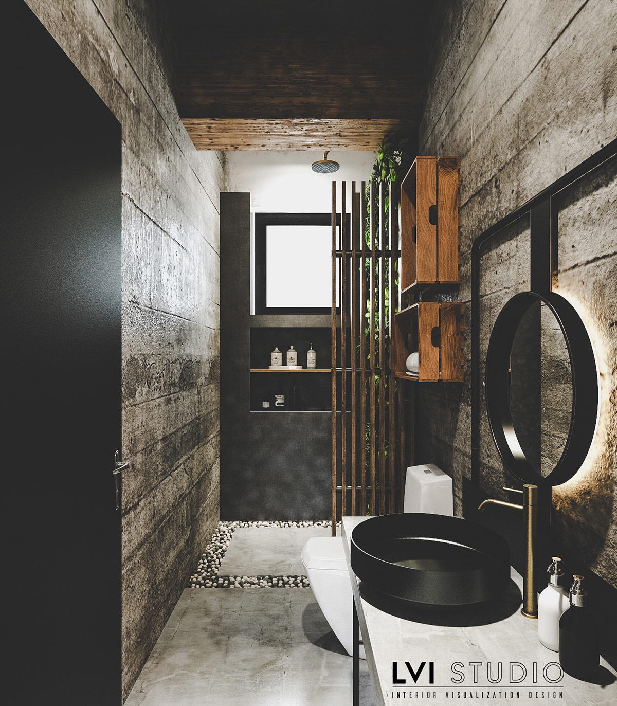 Phòng tắm hẹp được trang bị các yếu tố phong cách công nghiệp mát mẻ để tạo ra một không gian nghỉ dưỡng