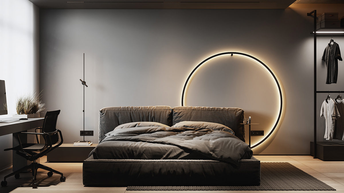 Chiếc đèn tường ấn tượng bao quanh đầu giường cung cấp ánh sáng đọc sách