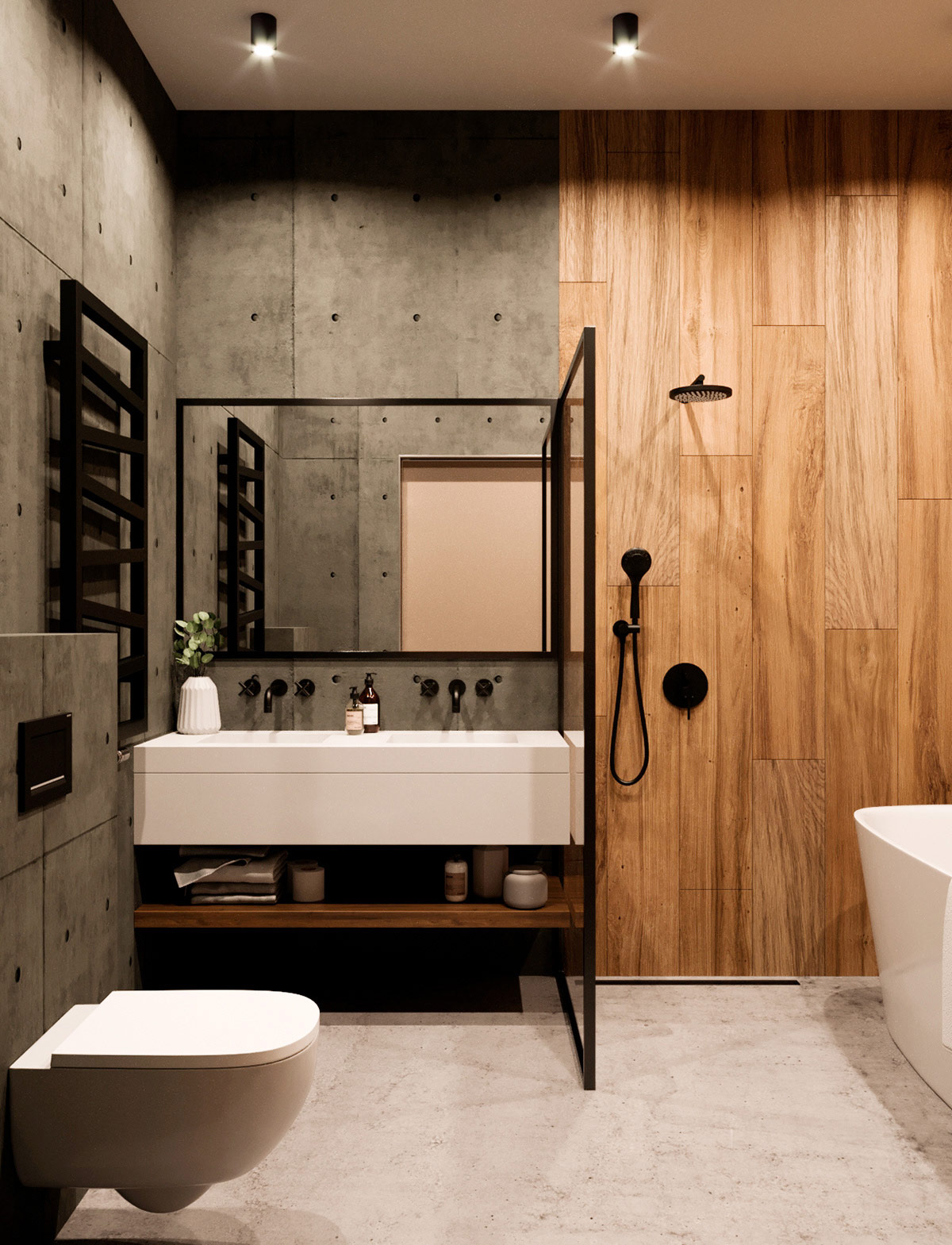 Các bức tường bê tông bao quanh bàn trang điểm trong phòng tắm bồn rửa đôi , trong khi gạch hiệu ứng gỗ làm ấm khu vực vòi sen.