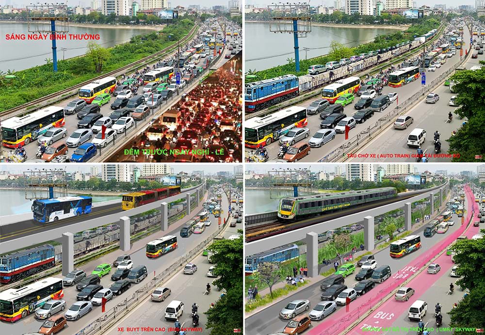 Đề xuất khai thác đường sắt hỗ trợ đường bộ giải tỏa ách tắc giao thông cửa ngõ phía Nam Hà Nội  theo từng giai đoạn: Tàu chở xe/Bus trên cao, có thể chuyển đổi đường sắt đô thị khi tích tụ đủ nhu cầu/nguồn vốn và làm chủ công nghệ. Nguồn ảnh minh họa: City Solution