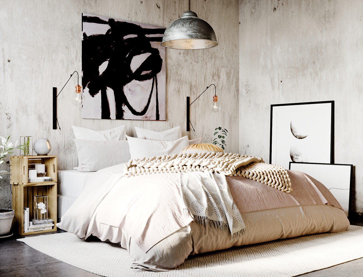 Trong phòng ngủ, ánh sáng theo phong cách công nghiệp và nghệ thuật táo bạo tạo nên một sự pha trộn khác thường với bộ giường ngủ mềm mại và thơ mộng