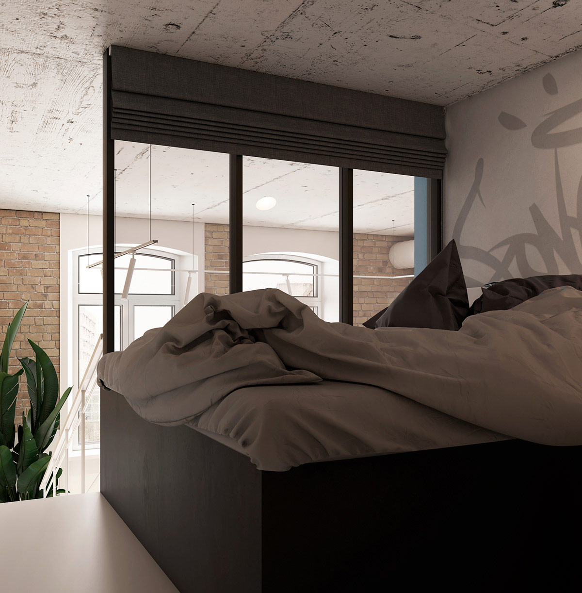 Trên gác lửng, thiết kế phòng ngủ vách kính đón ánh sáng tự nhiên từ cửa sổ vòm cao vút của phòng khách.