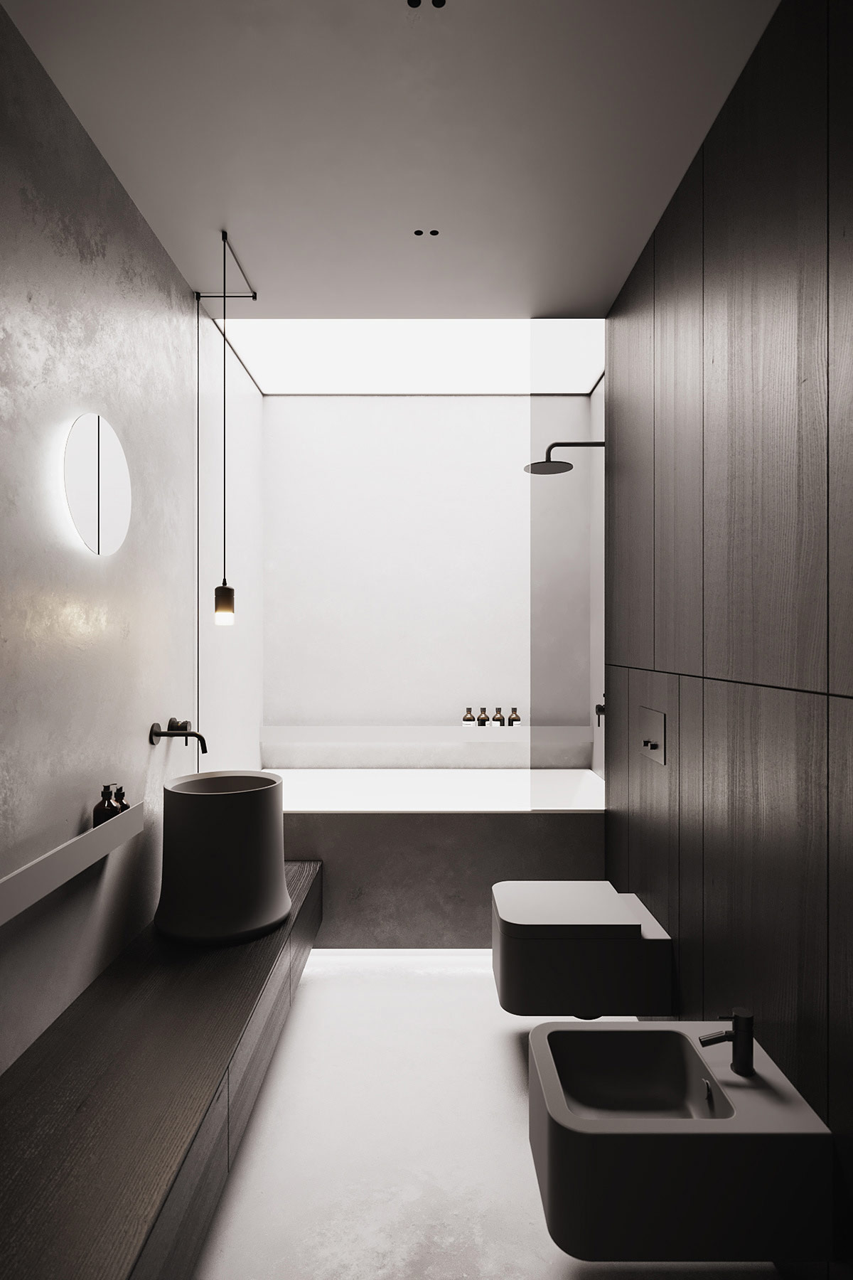 Phòng tắm được thiết kế tối giản và ánh sáng vẫn là yếu tố chi phối chủ đạo