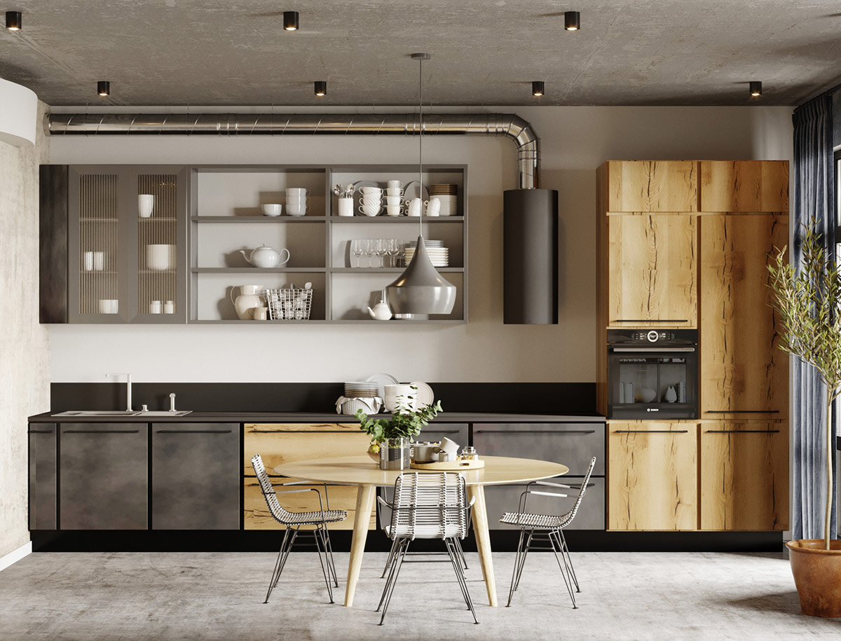 Kệ bếp mở và một mảng sành sứ chiết trung xây dựng yếu tố trang trí nhẹ nhàng vào thiết kế nhà bếp màu đen và gỗ sồi