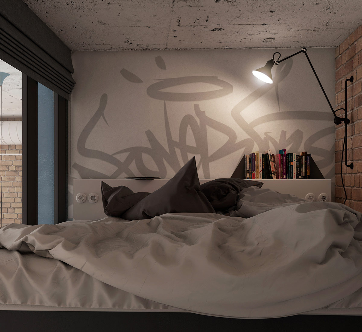 Một chiếc đèn tường có cánh tay đòn chiếu sáng graffiti thẻ trên bức tường đầu giường và chiếu ánh sáng đọc sách vào phòng ngủ ấm cúng nhỏ gọn