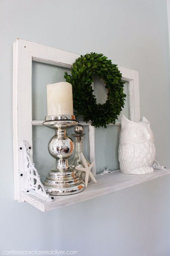 14-a-small-shelf-with-an-old-window-frame-as-a-base-mercury-glass-candleholders-a-greenery-wreath-an-old-is-a-stylish-decoration-for-a-vintage-space