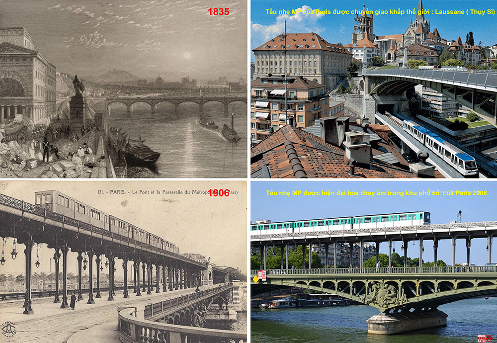 Cầu Passy trên sông Seine và tuyến tầu siêu nhẹ của Paris (Pháp)