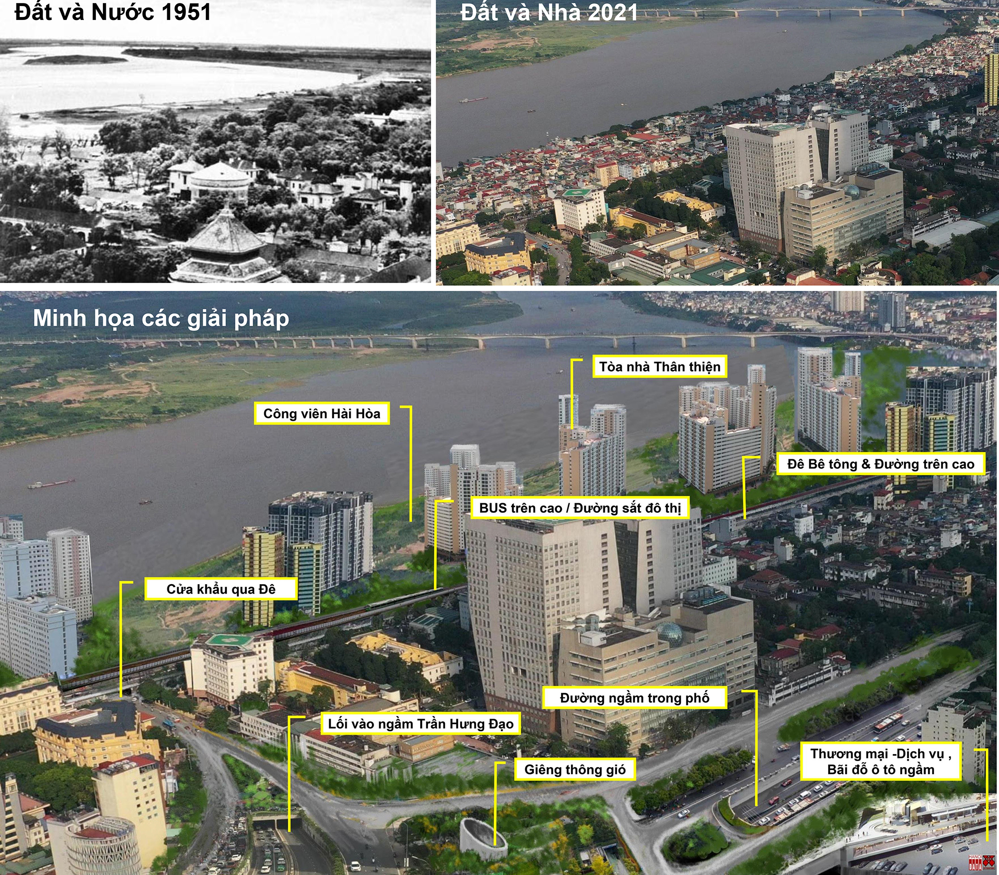 Minh họa tích hợp các công trình chung quanh đầu cầu Trần Hưng Đạo. Nguồn ảnh do City Solution&Hanoidata cung cấp