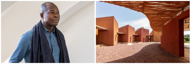 Chân dung Francis Kéré (trái), Nhà ở Bác sĩ tại Phòng khám Phẫu thuật và Trung tâm Y tế, Burkina Faso.(2014) (phải).