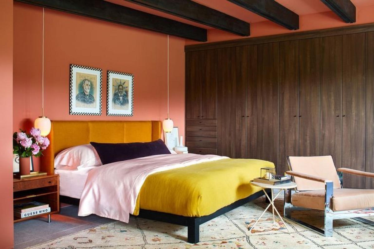 Màu cam đất: Sử dụng màu sắc phong phú để khiến không gian mở trở nên ấm cúng hơn hoặc tạo chiều sâu cho căn phòng với bức tường là điểm nhấn.