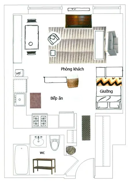 Bố trí gọn gàng chiếc giường ở một góc giúp căn nhà có nhiều không gian cho khu sinh hoạt chung.