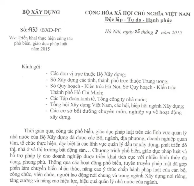 Bộ Xây dựng chỉ đạo triển khai phổ biến, giáo dục pháp luật năm 2015