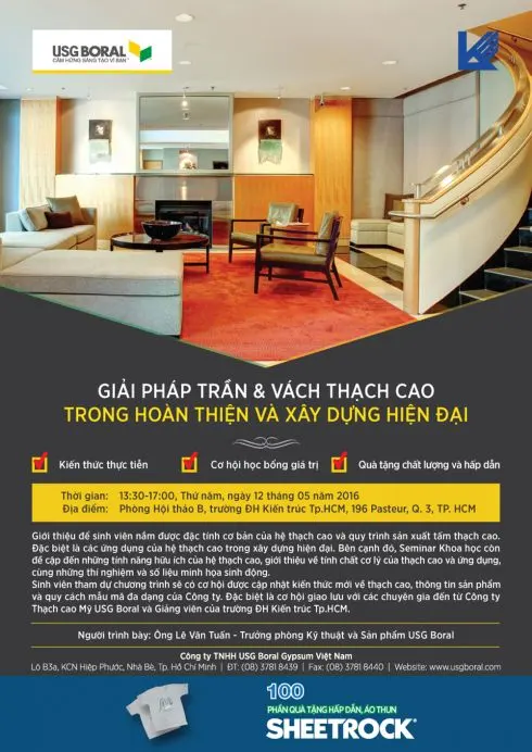 Mời dự hội thảo “Giải pháp trần và vách thạch cao trong hoàn thiện và xây dựng hiện đại”